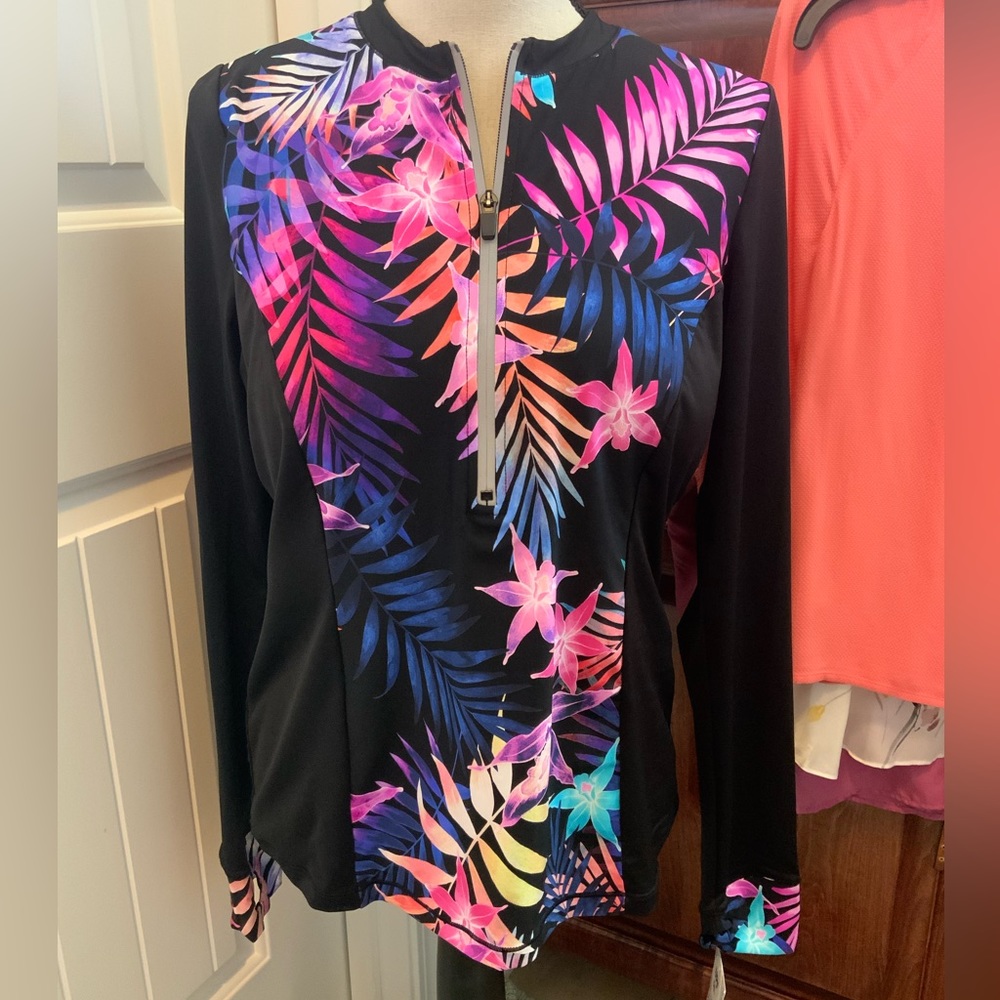 24th & Ocean Black Long Sleeve Tropical Zip Swim Top with Neon Floral Print